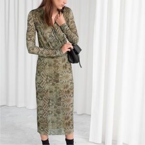 & Other Stories Snake Skin Print Mesh Faux Wrap Midi Dress V Neck Lined